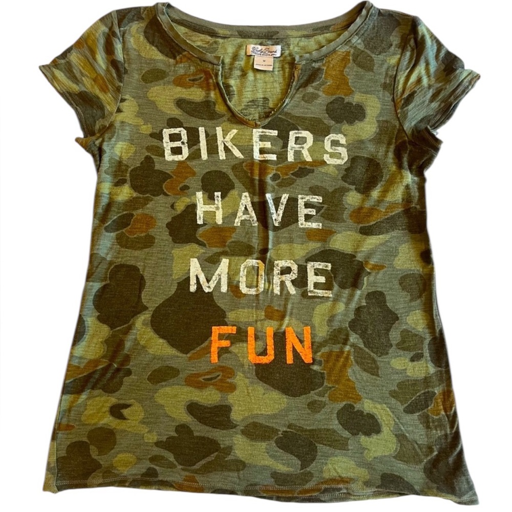 Women’s Lucky‎ Brand Camo Tee – “Bikers Have More Fun” – Size Medium